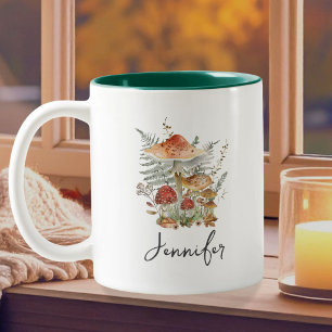 Aquarell-Vintage-Pilz-Farn-Blätter-Monogramm Zweifarbige Tasse