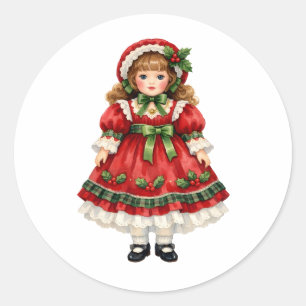 Aquarell-Vintage-Puppe im Weihnachtskleid  Runder Aufkleber