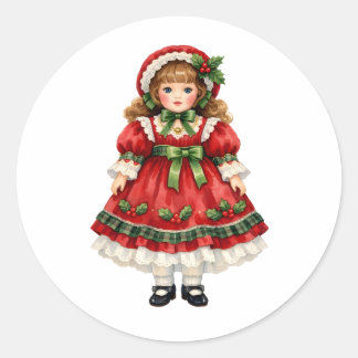 Aquarell-Vintage-Puppe im Weihnachtskleid Runder Aufkleber