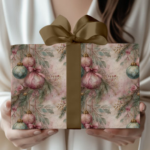 Aquarell Vintage Rosa & Grün Weihnachtsbaumkugel Geschenkpapier