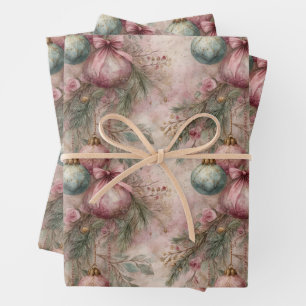 Aquarell Vintage Rosa & Grün Weihnachtskugel Geschenkpapier Set