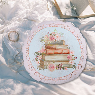 Aquarell-Vintage-Rosa-Rosen-und-Buch-Blumenmuster Rundes Kissen