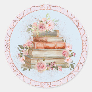 Aquarell-Vintage-Rosa-Rosen-und-Bücher-Blumenmuste Runder Aufkleber