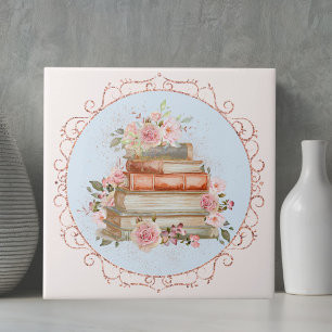 Aquarell Vintage Rosa Rosen und Bücher Floral Cut Fliese