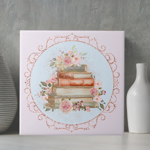 Aquarell Vintage Rosa Rosen und Bücher Floral Cut Fliese