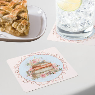 Aquarell Vintage Rosa Rosen und Bücher Floral  Rechteckiger Pappuntersetzer