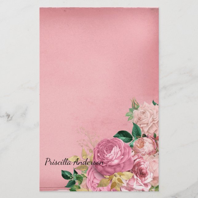 Aquarell Vintage Rose Blumengrün Rosa (Vorderseite)