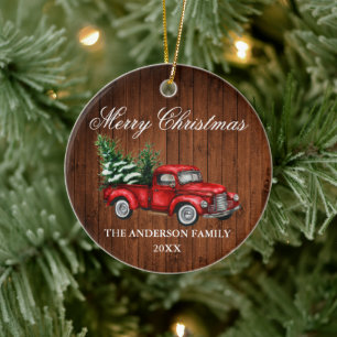 Aquarell Vintage roter Lastwagen Holz Weihnachten Keramik Ornament