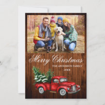 Aquarell-Vintage-roter-LKW-Foto-Holz-Weihnachten