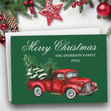 Aquarell Vintage roter LKW Frohe Weihnachten Grün