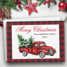 Aquarell-Vintage-Roter-LKW-Frohe-Weihnachten-Karo