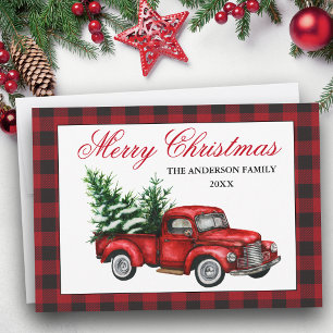 Aquarell-Vintage-Roter-LKW-Frohe-Weihnachten-Karo Feiertagskarte