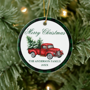 Aquarell Vintage-Roter LKW Grün Kariert Weihnachte Keramik Ornament