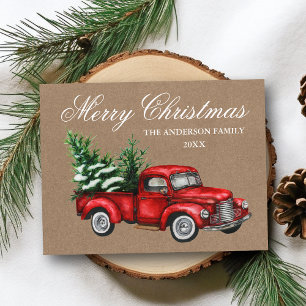 Aquarell Vintage-Roter LKW Kraft Frohe Weihnachten Postkarte