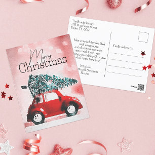 Aquarell Vintage rotes Auto Frohe Weihnachten