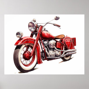 Aquarell Vintage Rotes Klassisches Motorrad Poster