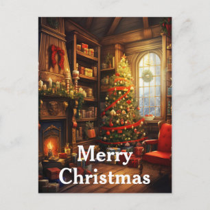Aquarell-Vintage-Weihnachtsinnenraumszenario Feiertagspostkarte