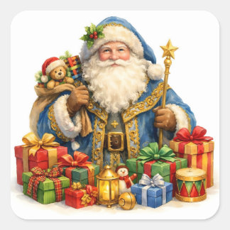Aquarell Vintage Weihnachtsmann mit Geschenken Quadratischer Aufkleber
