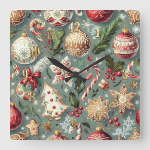 Aquarell Vintage-Weihnachtsmotive Feiertag  Quadratische Wanduhr