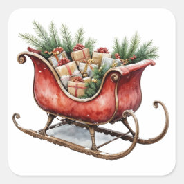 Aquarell Vintage Weihnachtsschlitten Quadratischer Aufkleber