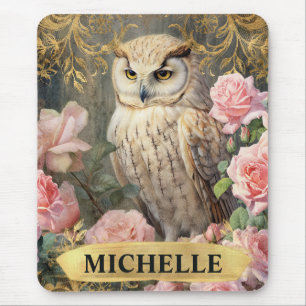 Aquarell Vintage Weiße Eule und rosa Rosen Mousepad