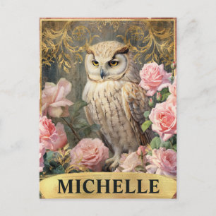 Aquarell Vintage Weiße Eule und rosa Rosen Postkarte