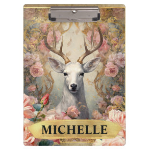 Aquarell Vintage Weiße Hirsch und Rosa Rosen Klemmbrett