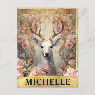 Aquarell Vintage Weiße Hirsch und Rosa Rosen Postkarte