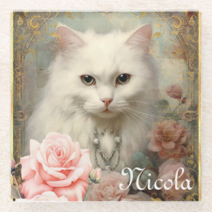 Aquarell Vintage Weiße Katze und rosa Rosen Glasuntersetzer
