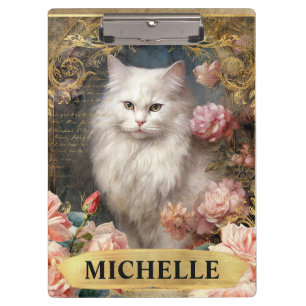 Aquarell Vintage Weiße Katze und rosa Rosen Klemmbrett