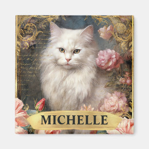 Aquarell Vintage weiße Katze und rosa Rosen Magnet