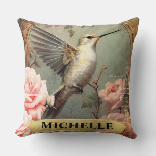 Aquarell Vintage Weiße Kolibri & Rosa Rosen Kissen
