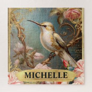 Aquarell Vintage Weiße Kolibri & Rosa Rosen Puzzle