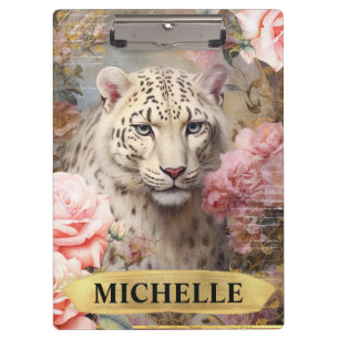 Aquarell Vintage Weiße Leopard und Rosa Rosen Klemmbrett
