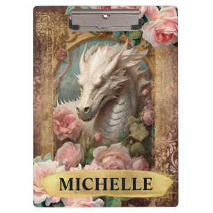 Aquarell-Vintage weißer Drache und rosa Rosen Klemmbrett