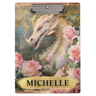 Aquarell Vintage Weißer Drache und rosa Rosen Klemmbrett