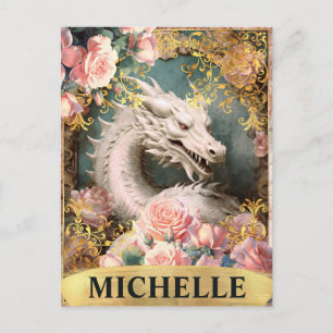 Aquarell Vintage Weißer Drache und rosa Rosen Postkarte