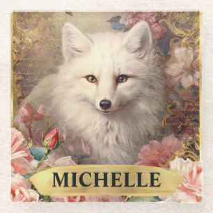 Aquarell Vintage Weißer Fuchs und rosa Rosen Glasuntersetzer