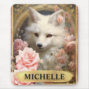 Aquarell Vintage Weißer Fuchs und Rosa Rosen Mousepad