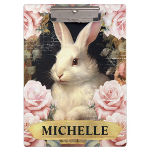 Aquarell-Vintage-Weißer Hase und rosa Rosen Klemmbrett
