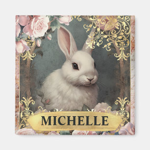 Aquarell-Vintage-Weißer Hase und rosa Rosen Magnet