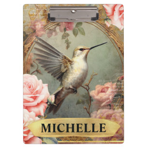 Aquarell Vintage Weißer Kolibri & Rosa Rosen Klemmbrett