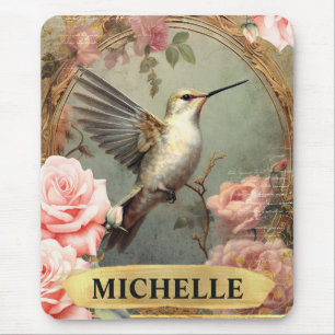 Aquarell Vintage Weißer Kolibri & Rosa Rosen Mousepad