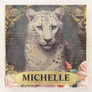 Aquarell Vintage Weißer Leopard und rosa Rosen Glasuntersetzer