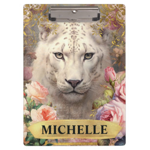 Aquarell Vintage Weißer Leopard und rosa Rosen Klemmbrett