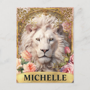 Aquarell-Vintage-Weißer Löwe und rosa Rosen Postkarte