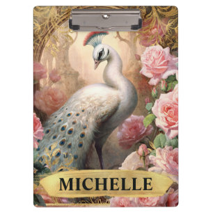 Aquarell Vintage Weißer Pfau und rosa Rosen Klemmbrett