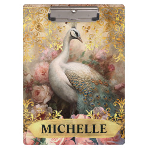 Aquarell Vintage Weißer Pfau und rosa Rosen Klemmbrett