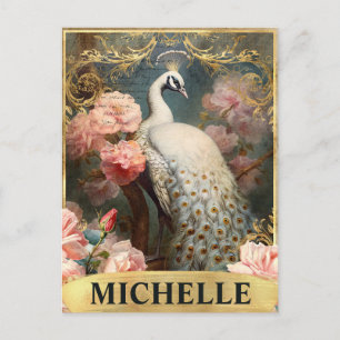Aquarell-Vintage-Weißer Pfau und rosa Rosen Postkarte