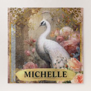 Aquarell Vintage Weißer Pfau und rosa Rosen Puzzle
